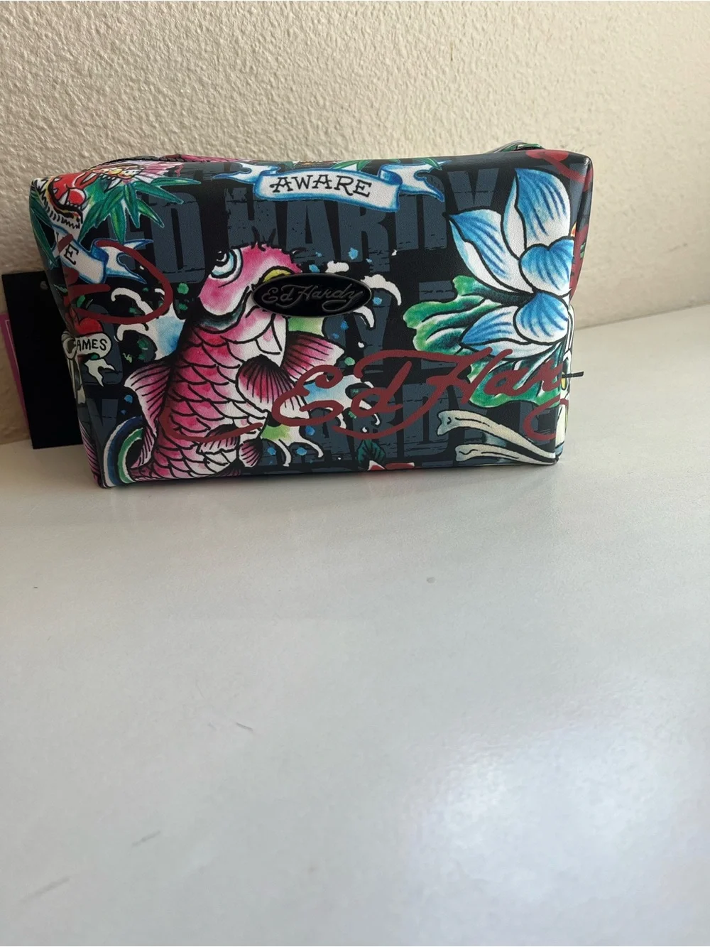 Ed Hardy Black Multicolor Koi & Floral Cosmetic Bag